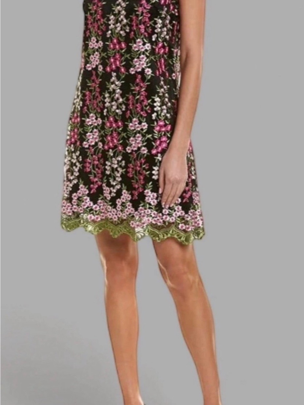 Tahari Black Midi Dress with Pink Floral Embroidery and Green Hem